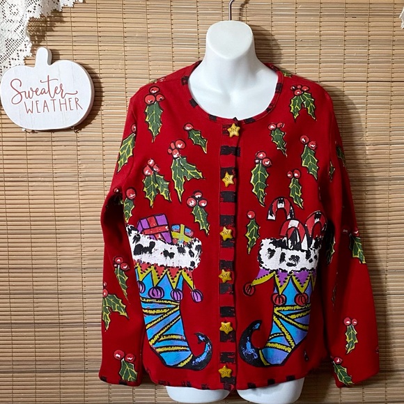 🎄Hand-painted holiday sweater, classy, dressy, upscale, cardigan, star buttons - Picture 2 of 16